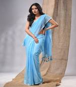 Sky Blue Cotton Handwoven Soft Saree With Pompom