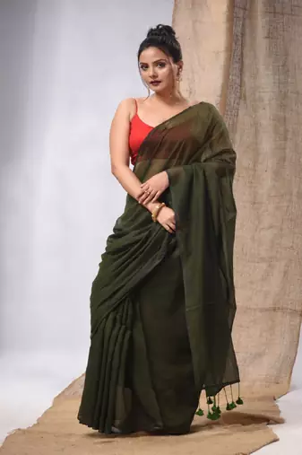 Moss Green Cotton Handwoven Soft Saree With Pompom