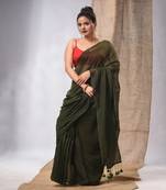 Moss Green Cotton Handwoven Soft Saree With Pompom