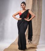 Black Cotton Handwoven Soft Saree With Pompom