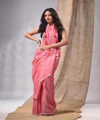 Salmon Red Cotton Handwoven Soft Saree With Pompom Without Blouse 1