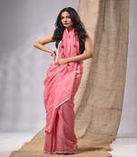 Salmon Red Cotton Handwoven Soft Saree With Pompom Without Blouse