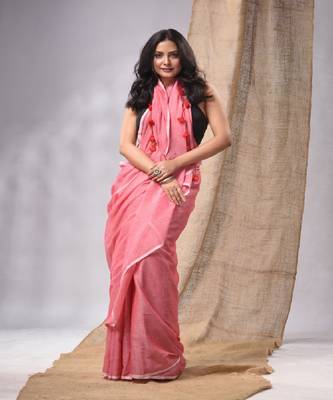 Salmon Red Cotton Handwoven Soft Saree With Pompom Without Blouse 2