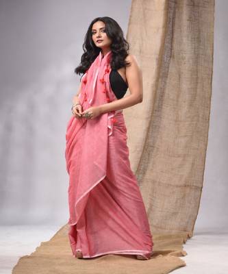Salmon Red Cotton Handwoven Soft Saree With Pompom Without Blouse 3