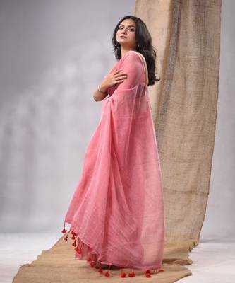 Salmon Red Cotton Handwoven Soft Saree With Pompom Without Blouse 4