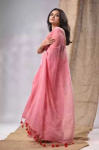 Salmon Red Cotton Handwoven Soft Saree With Pompom Without Blouse