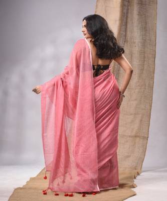 Salmon Red Cotton Handwoven Soft Saree With Pompom Without Blouse 5