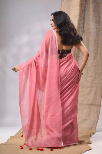 Salmon Red Cotton Handwoven Soft Saree With Pompom Without Blouse
