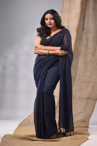 Blue Cotton Handwoven Soft Saree With Pompom