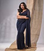 Blue Cotton Handwoven Soft Saree With Pompom