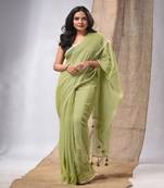 Green Cotton Handwoven Soft Saree With Pompom