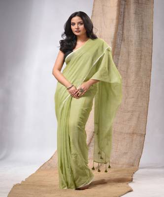 Green Cotton Handwoven Soft Saree With Pompom 2