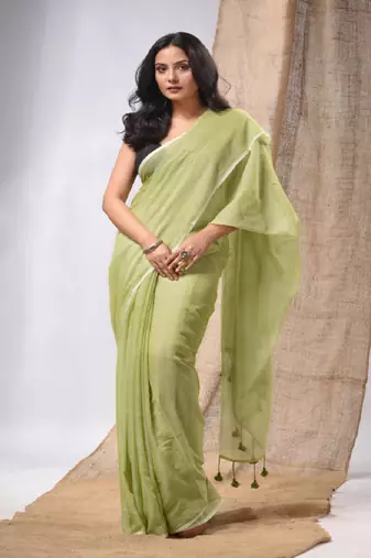 Green Cotton Handwoven Soft Saree With Pompom