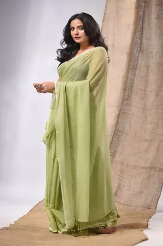 Green Cotton Handwoven Soft Saree With Pompom