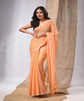 Orange Cotton Handwoven Soft Saree With Pompom 1