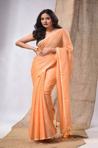 Orange Cotton Handwoven Soft Saree With Pompom