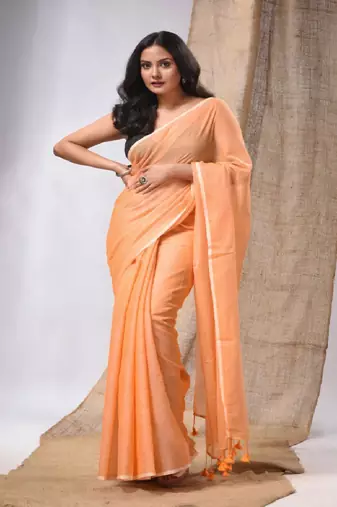 Orange Cotton Handwoven Soft Saree With Pompom