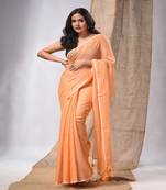 Orange Cotton Handwoven Soft Saree With Pompom