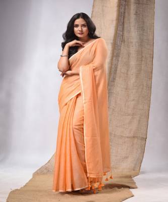 Orange Cotton Handwoven Soft Saree With Pompom 2