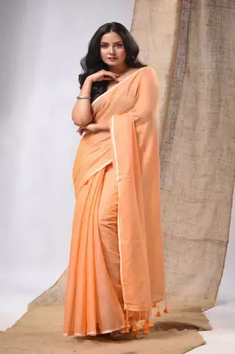 Orange Cotton Handwoven Soft Saree With Pompom