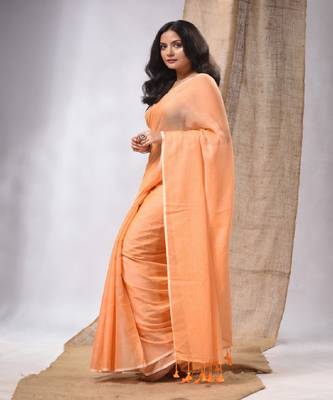 Orange Cotton Handwoven Soft Saree With Pompom 3