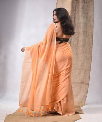 Orange Cotton Handwoven Soft Saree With Pompom 4