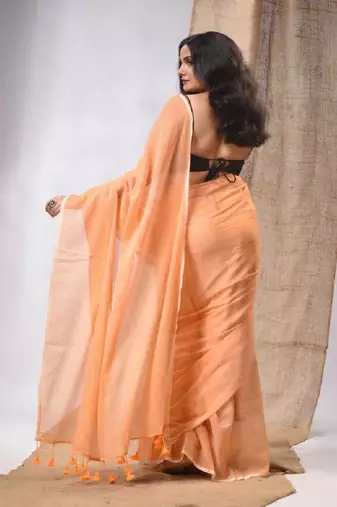 Orange Cotton Handwoven Soft Saree With Pompom