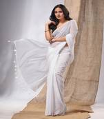 White Cotton Handwoven Soft Saree With Pompom
