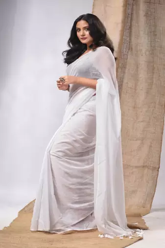 White Cotton Handwoven Soft Saree With Pompom
