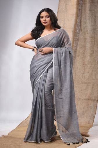 Grey Cotton Handwoven Soft Saree With Pompom