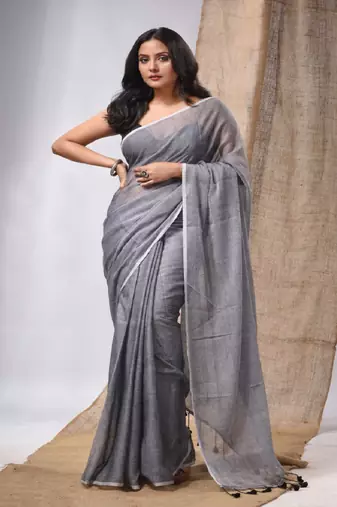Grey Cotton Handwoven Soft Saree With Pompom
