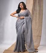 Grey Cotton Handwoven Soft Saree With Pompom