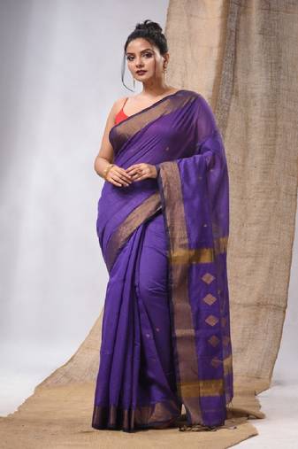 Violet Cotton Silk Handwoven Saree With Zari Borders