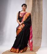 Black Cotton Silk Handwoven Saree With Stripes Pallu