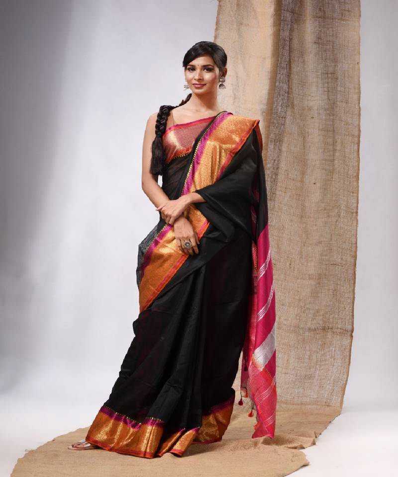 Black Cotton Silk Handwoven Saree With Stripes Pallu