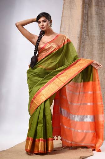 Sap Green Cotton Silk Handwoven Saree With Stripes Pallu