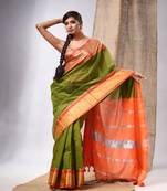 Sap Green Cotton Silk Handwoven Saree With Stripes Pallu