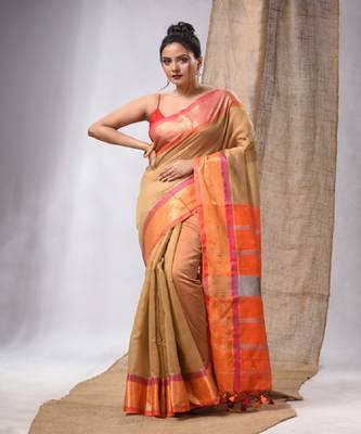 Beige Cotton Silk Handwoven Saree With Stripes Pallu 1