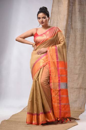 Beige Cotton Silk Handwoven Saree With Stripes Pallu