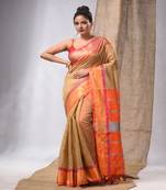 Beige Cotton Silk Handwoven Saree With Stripes Pallu
