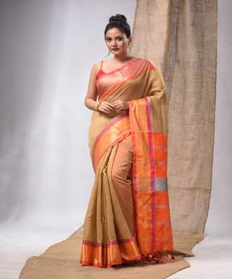 Beige Cotton Silk Handwoven Saree With Stripes Pallu 2
