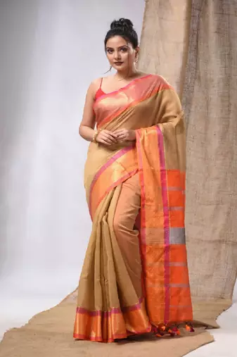 Beige Cotton Silk Handwoven Saree With Stripes Pallu