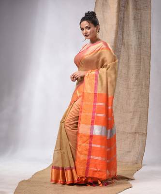 Beige Cotton Silk Handwoven Saree With Stripes Pallu 3