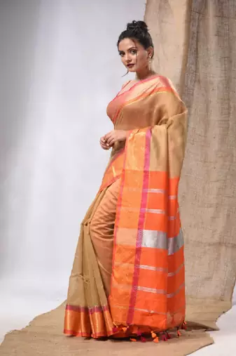 Beige Cotton Silk Handwoven Saree With Stripes Pallu