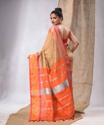 Beige Cotton Silk Handwoven Saree With Stripes Pallu 4