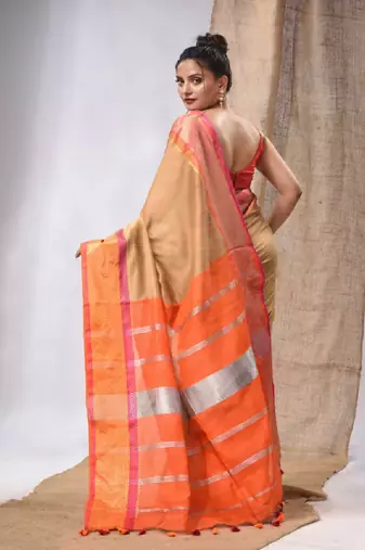 Beige Cotton Silk Handwoven Saree With Stripes Pallu