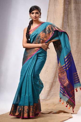 Teal Cotton Silk Handwoven Saree With Foral Borders