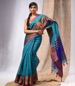 Teal Cotton Silk Handwoven Saree With Foral Borders