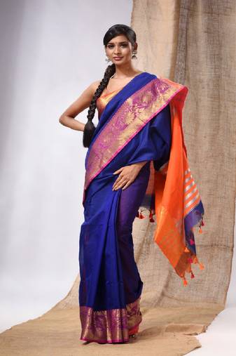 Blue Cotton Silk Handwoven Saree With Foral Borders