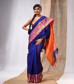 Blue Cotton Silk Handwoven Saree With Foral Borders
